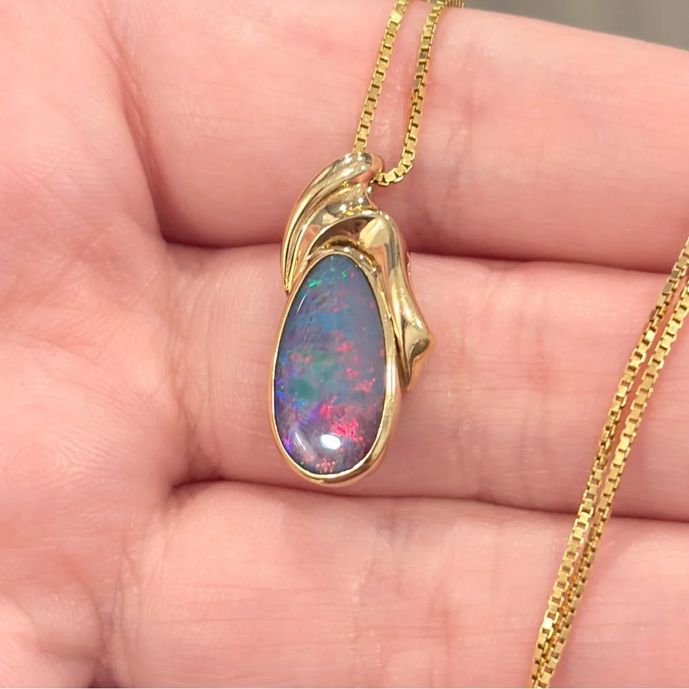 14K Australian Opal Pendant, Vintage Doublet, Crystal Dark Natural, Colorful IOG - Picture 10 of 14